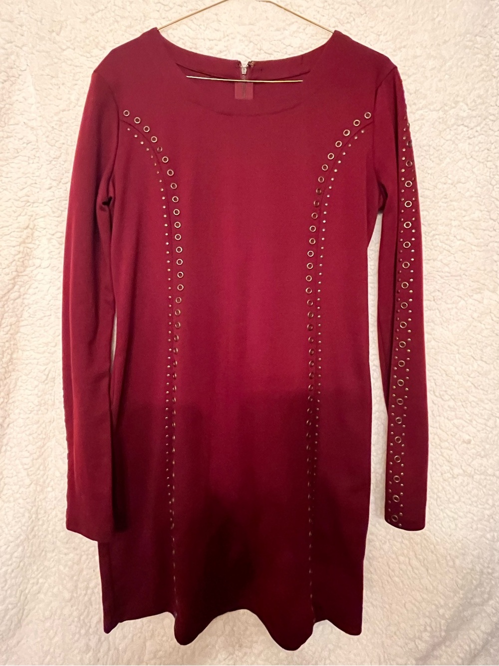 Women's Burgundy Long-Sleeve Eyelet Shift Dress